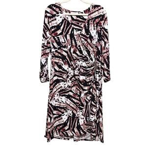 Calvin Klein Faux Wrap Drape Dress Size XL Black Red Abstract Print Stretch Knit
